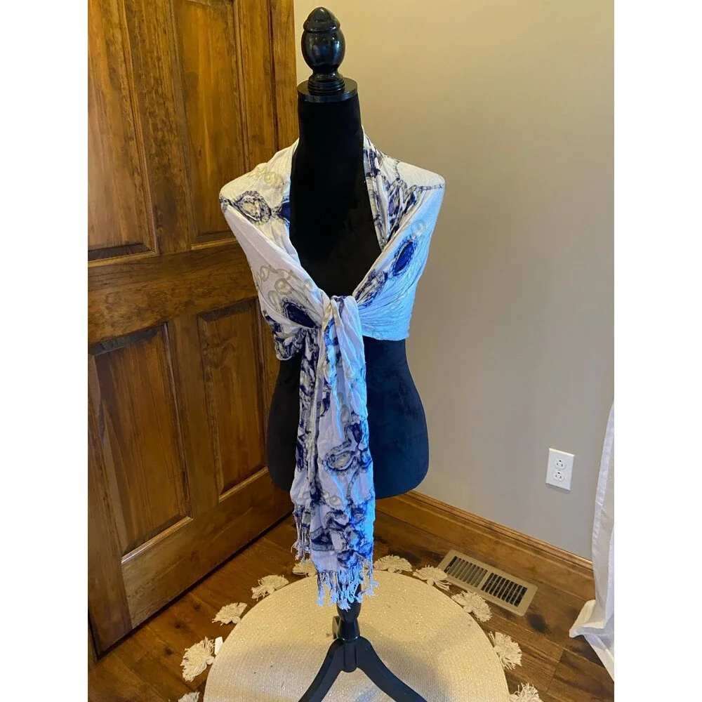 White Scarf with Blue & Navy Design w/ Fringed‎ Ends